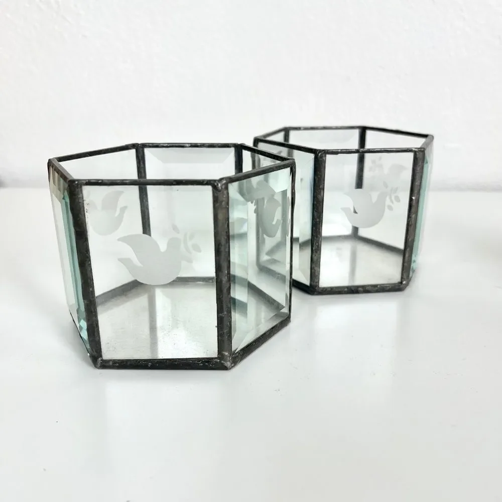 Vintage Set Lead Glass Hexagonal Candle Holders with Dove Design